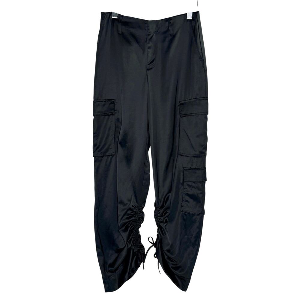 Zara Satin Effect Cargo Pants M Drawstring Ruched Sides Wide Leg Black